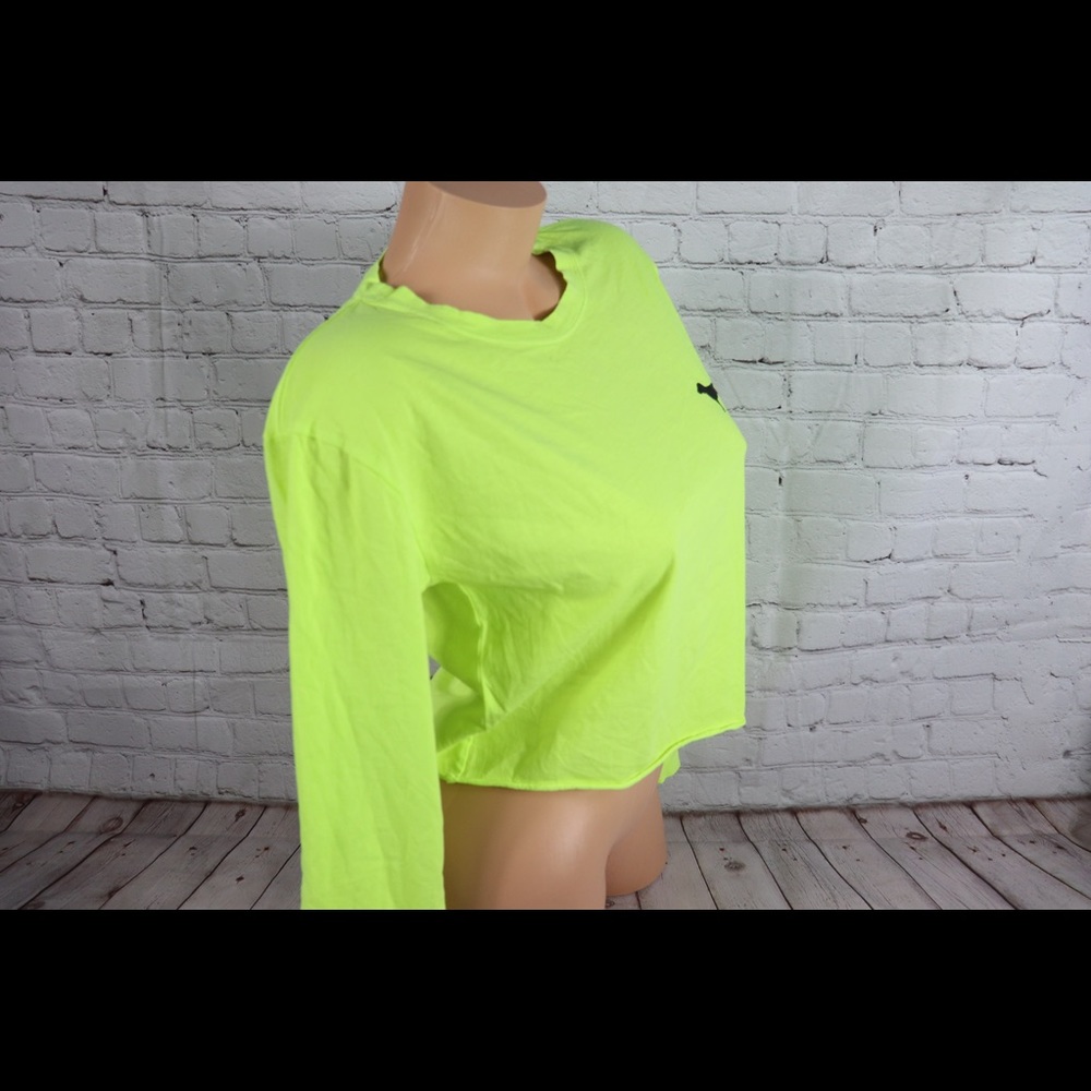 VS PINK Logo Print Long Sleeve Crop Top Neon Green - Picture 4 of 6